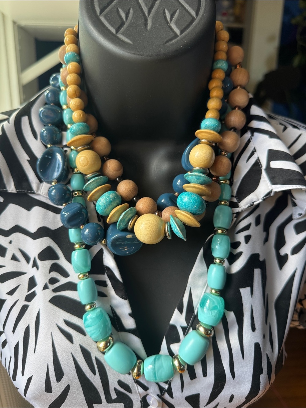 Set of 4 Turquoise / Teal & Natural Wood Beaded Statement Necklaces